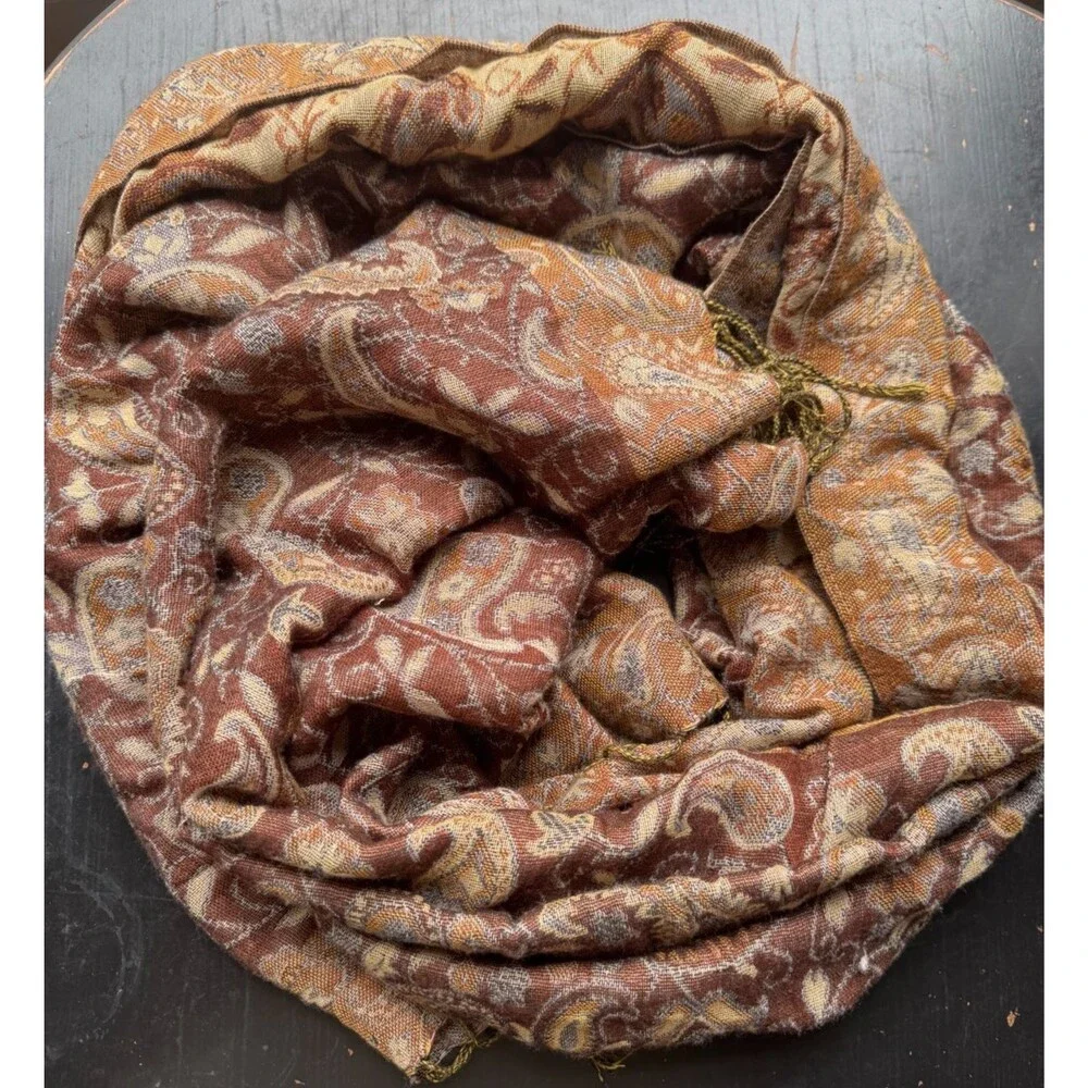 Pashmina Silk Blend Shawl or Wrap, Paisley Brown Tan Gold, Fringe ~28x70